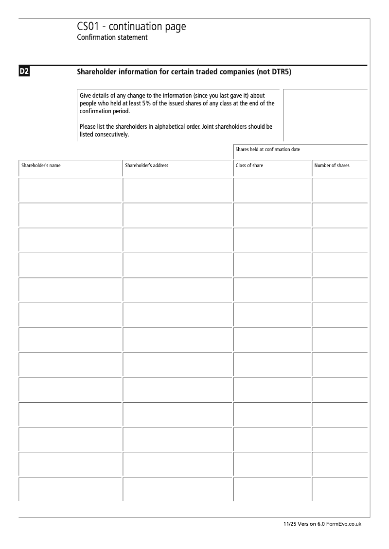 CS01 Continuation Page 4 Section D2 Shareholder information for certain traded companies not DTR5 CS01 Confirmation statement Section 853D preview