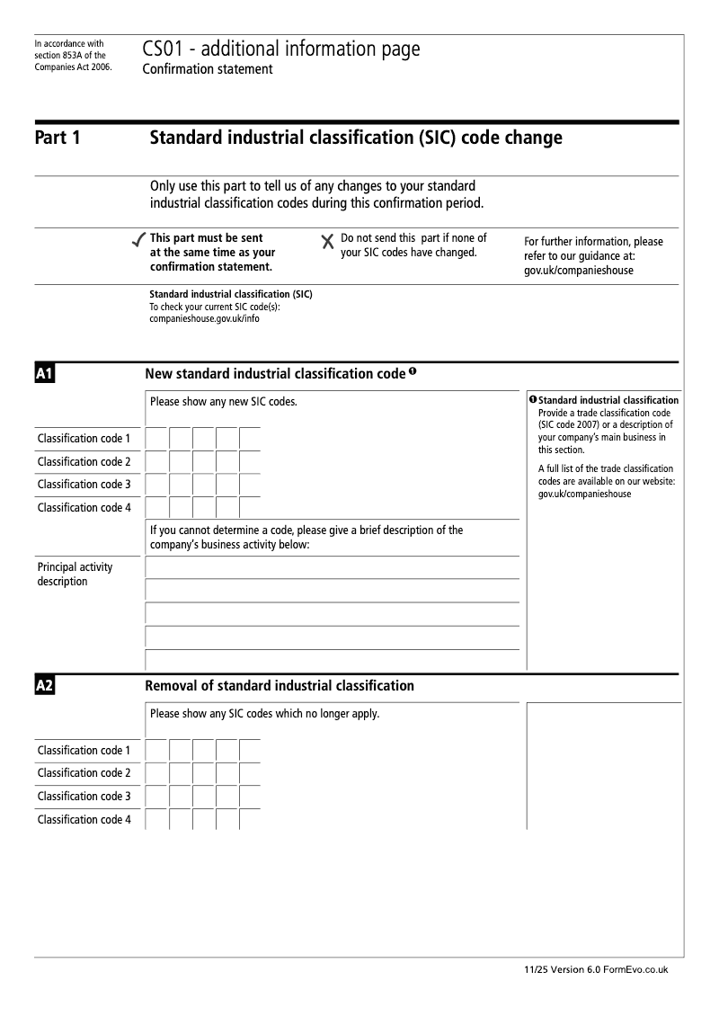 CS01 Part 1 Standard industrial classification SIC code change Confirmation statement Section 853A preview
