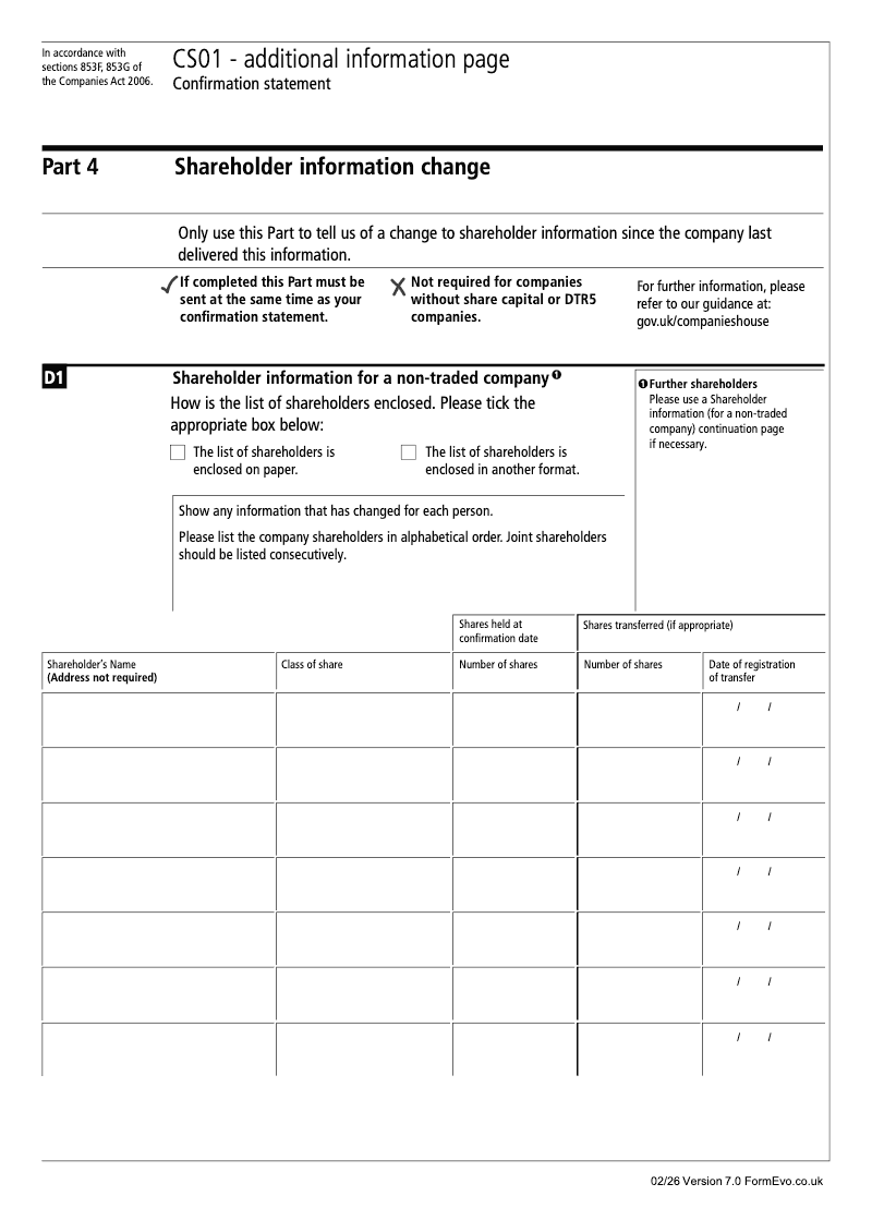 CS01 Part 4 Shareholder information change Confirmation statement Section 853F 853G preview