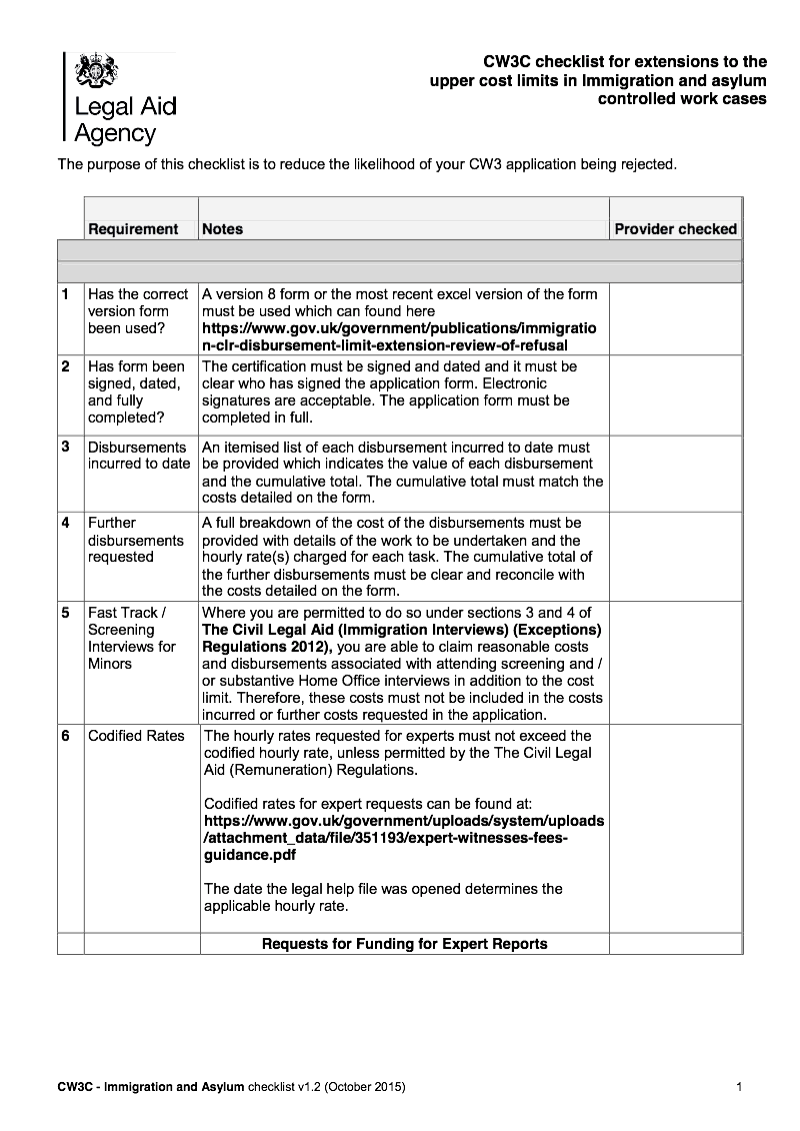 CW3C Checklist Checklist for extensions to the upper cost limits in Immigration and asylum controlled work cases preview