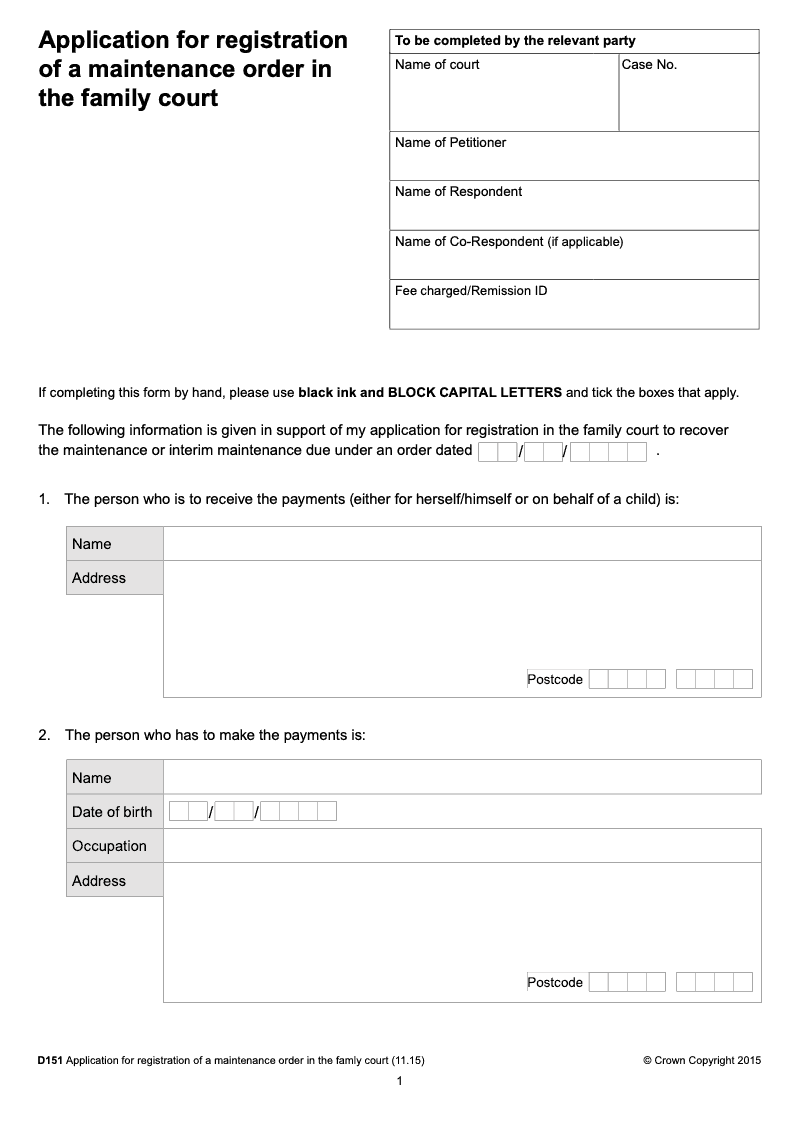 D151 Application for registration of a maintenance order in a magistrates court preview