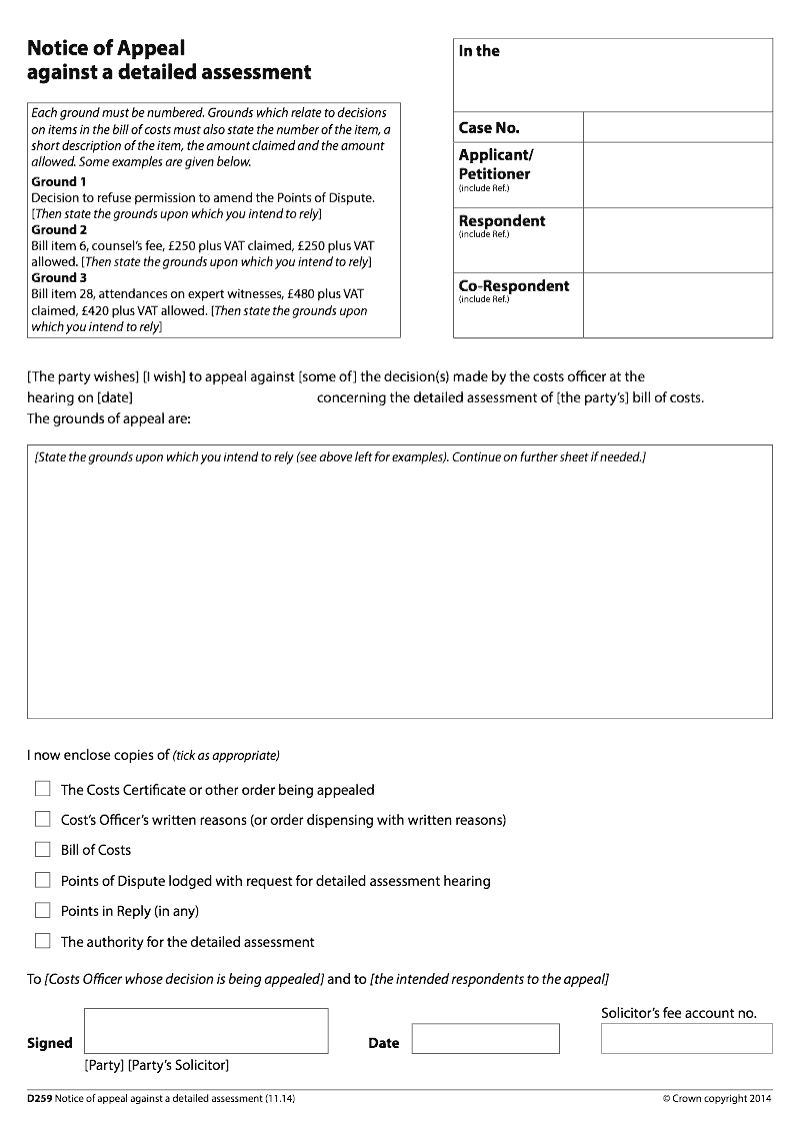 D259 Notice of Appeal agains a detailed assessment preview