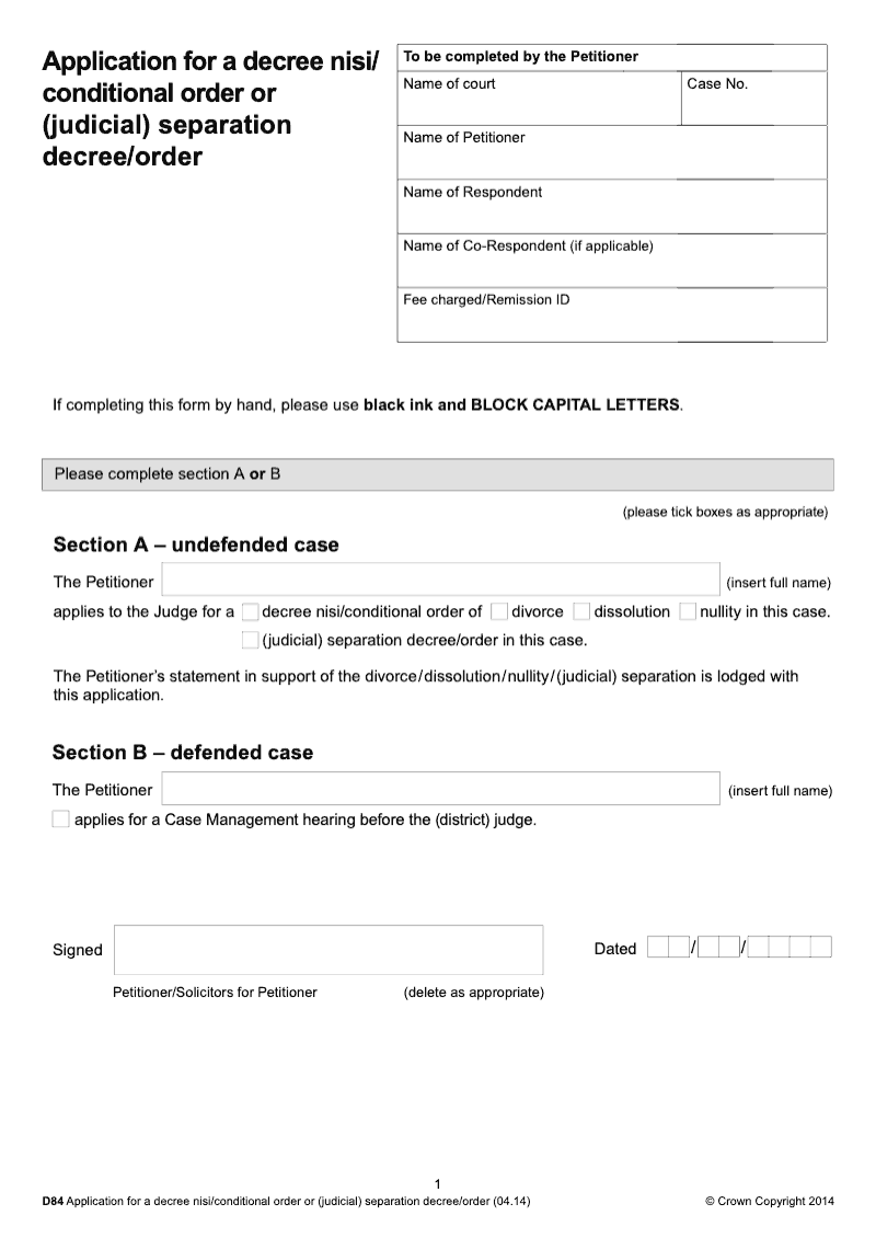 D84 PreApril 2022 Application for a decree nisi conditional order or judicial separation decree order pre April 2022 version electronic signature available preview