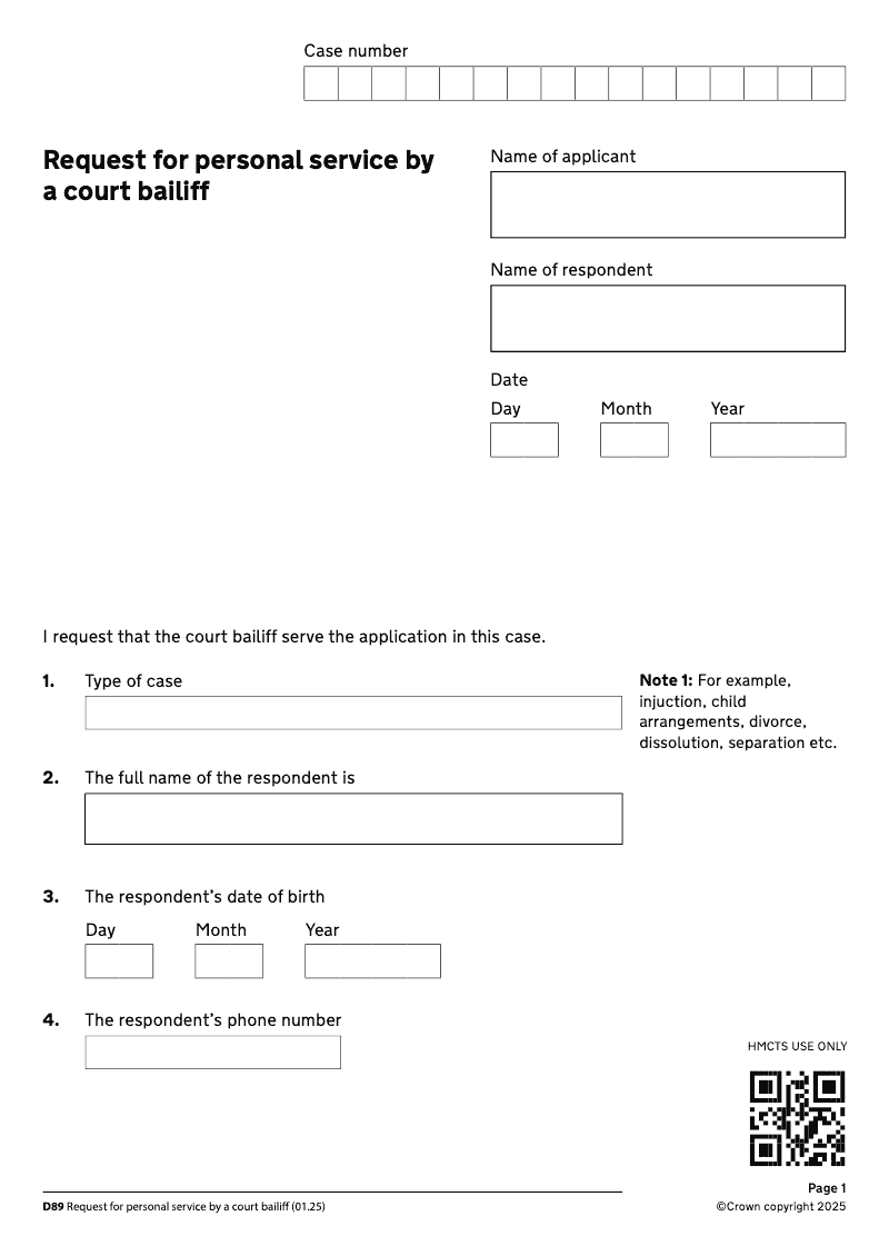 D89 Request for personal service by a court bailiff DIV34 electronic signature available preview