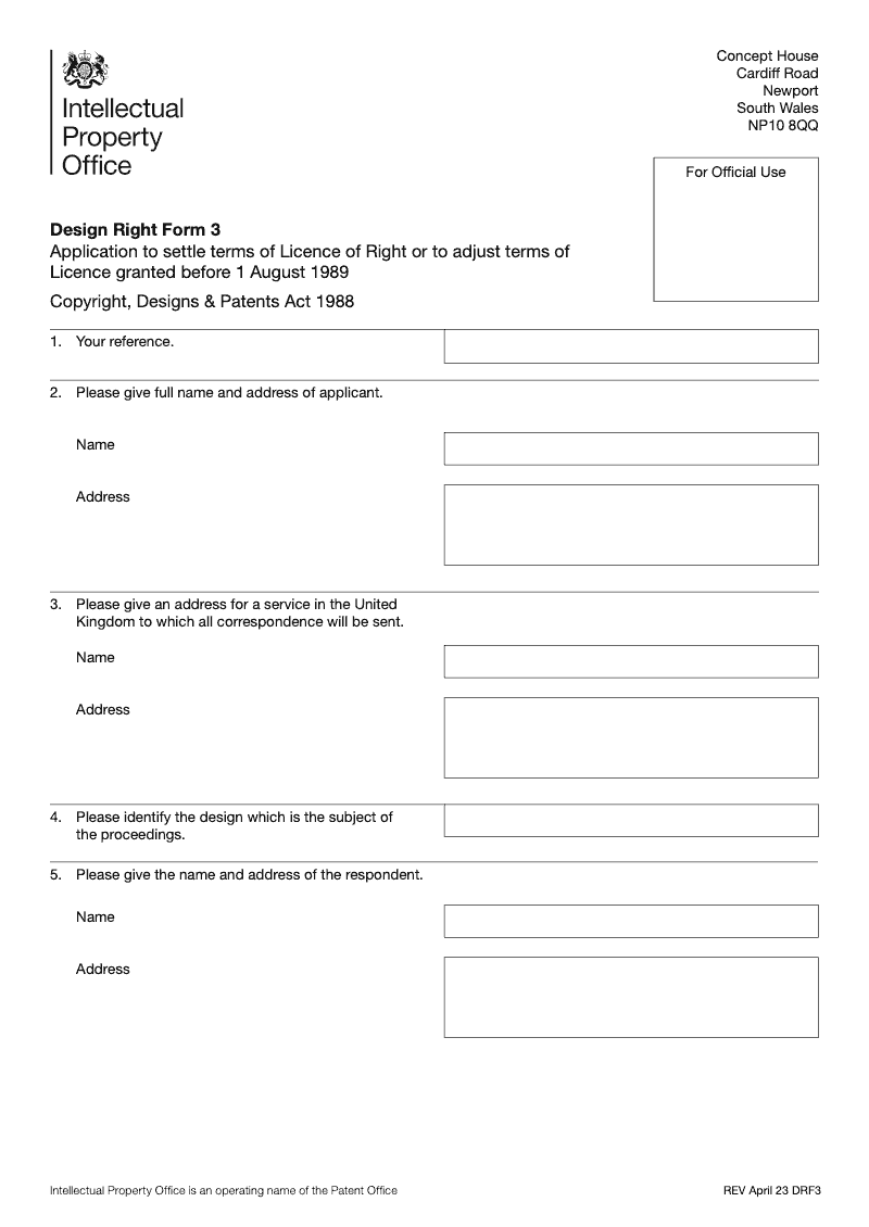 DRF3 Application to settle terms of Licence of Right or to adjust terms of Licence granted before 1st August 1989 Copyright Designs Patents Act 1988 preview