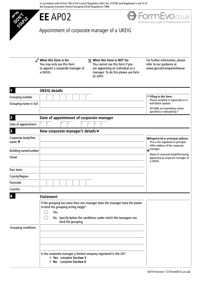 EE AP02 Appointment of corporate manager of an EEIG where the official address is in the UK preview