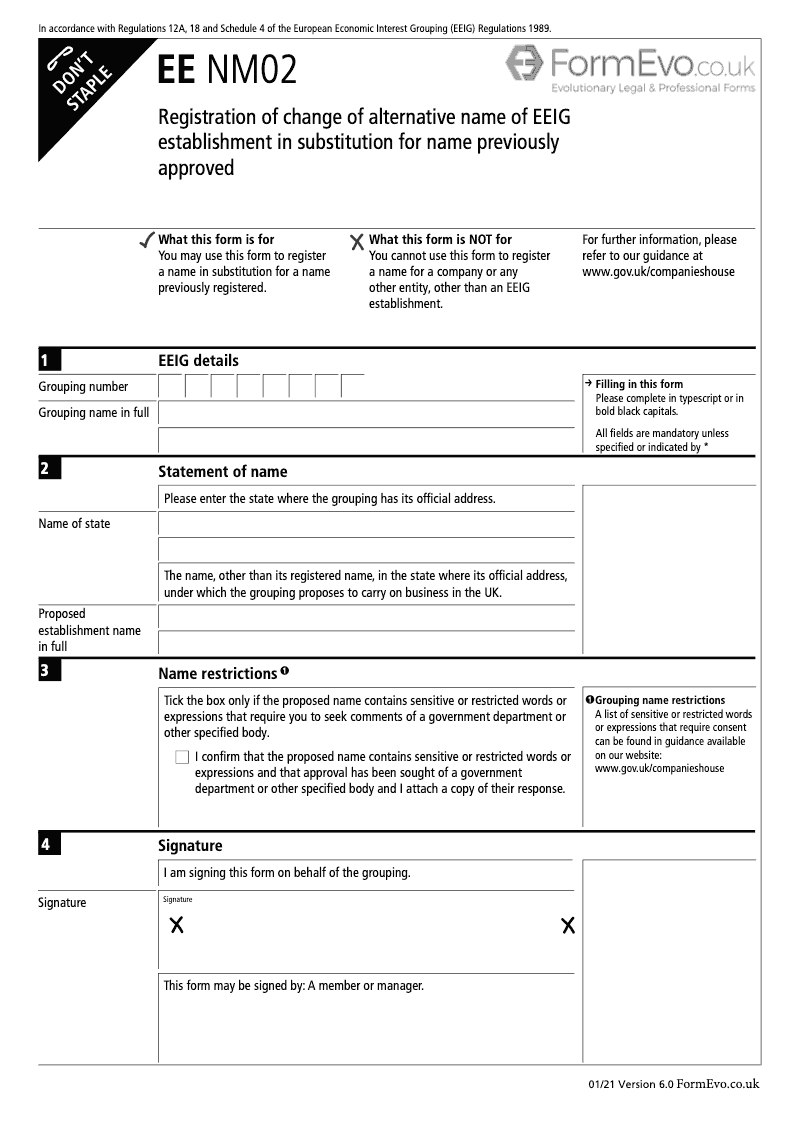 EE NM02 Statement of name other than registered name under which an EEIG whose official address is outside the UK proposes to carry on business in substitution for name previously approved preview