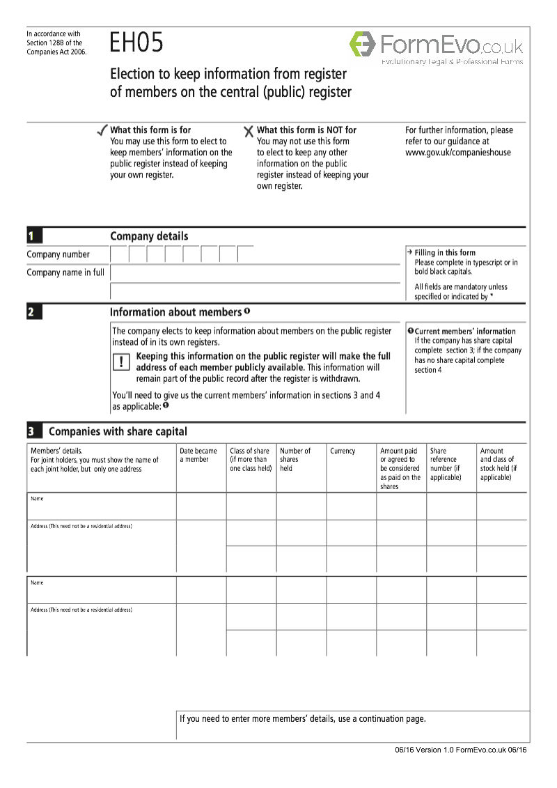 EH05 Election to keep information from register of members on the central public register Section 1288 of the Companies Act 2006 preview