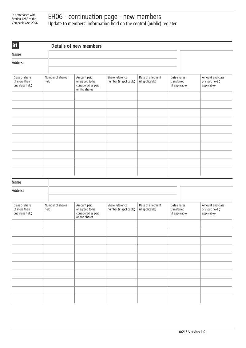 EH06 Continuation Page 1 New members with share capital continuation pages EH06 Update to members information held on the central public register Section 128E of the Companies Act 2006 preview