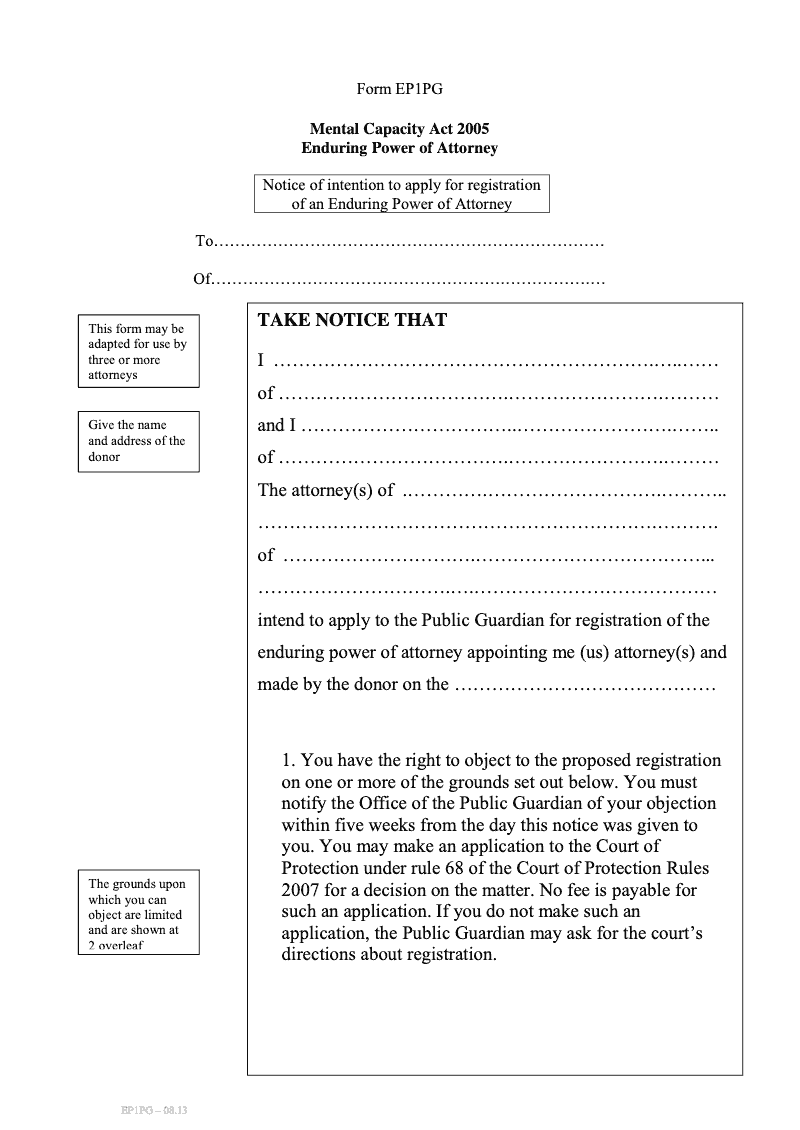 EP1PG Notice of intention to apply for registration of an Enduring Power of Attorney preview