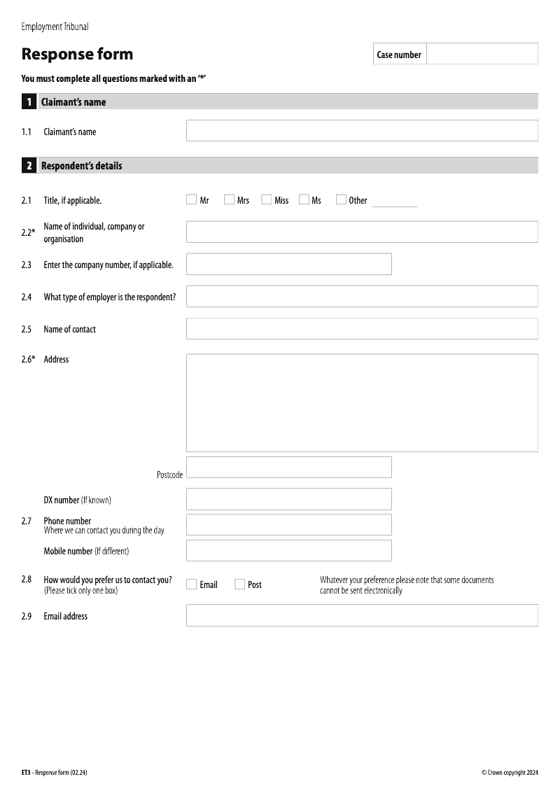 ET3 Response form Employment Tribunal preview