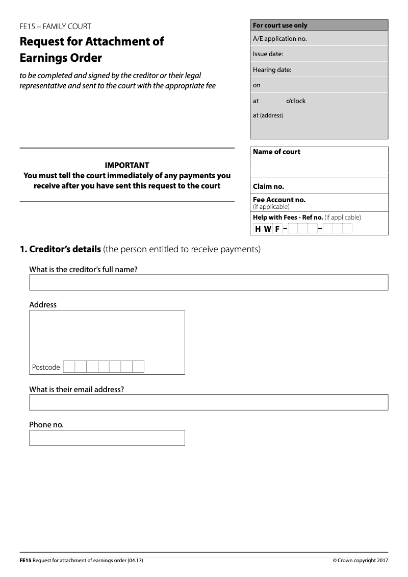 FE15 Request for Attachment of Earnings Order Family Court preview