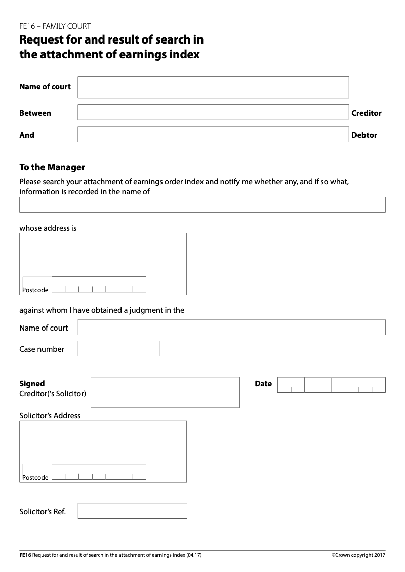 FE16 Request for and result of search in the attachment of earnings index Family Court preview