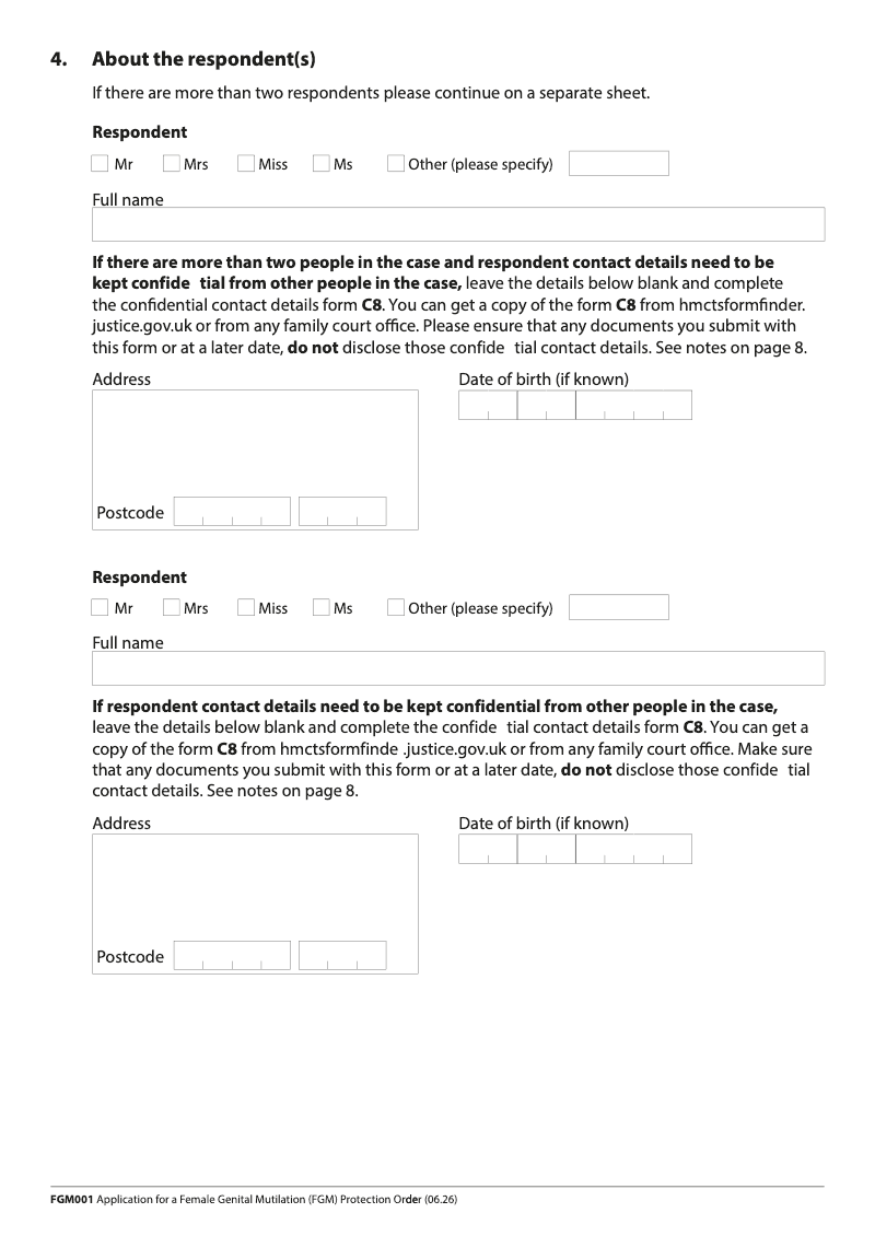 FGM001 Continuation Page Continuation page additional respondents Application for a Female Genital Mutilation FGM Protection Order preview