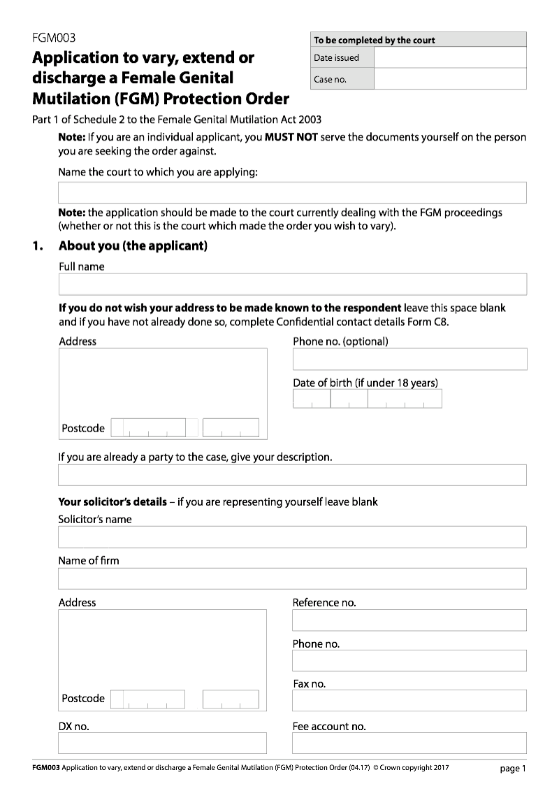 FGM003 Application to vary extend or discharge a Female Genital Mutilation FGM Protection Order preview