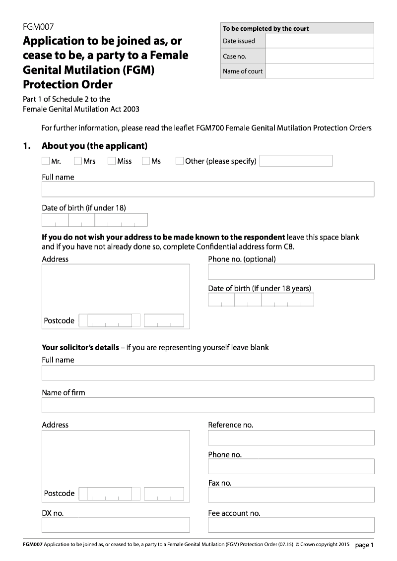 FGM007 Application to be joined as or cease to be a party to a Female Genital Mutilation FGM Protection Order preview