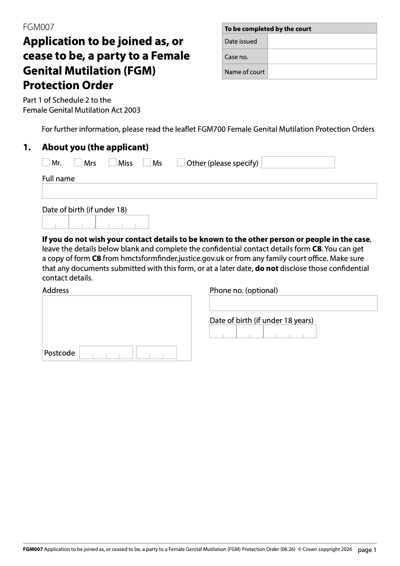 FGM007 Application to be joined as or cease to be a party to a Female Genital Mutilation FGM Protection Order preview