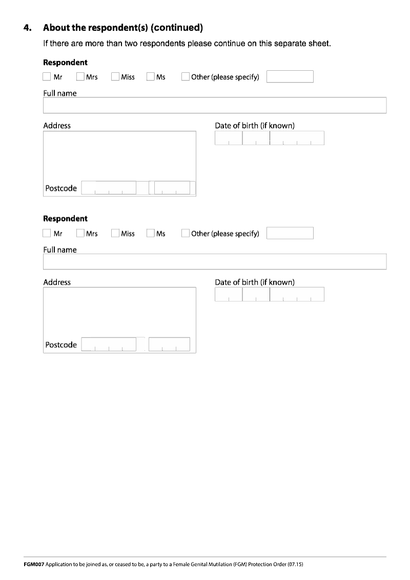 FGM007 Continuation Page Continuation page additional respondents Application to be joined as or cease to be a party to a Female Genital Mutilation FGM Protection Order preview