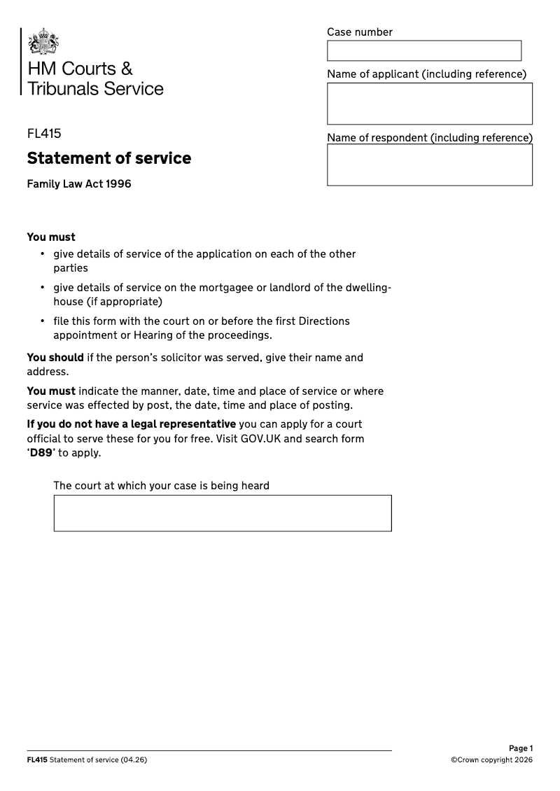FL415 Statement of service Family Law Act 1996 preview