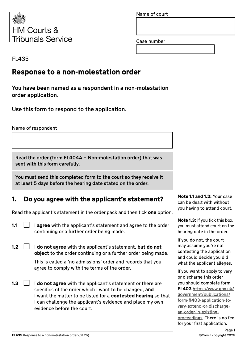 FL435 Response to a non molestation order electronic signature available preview