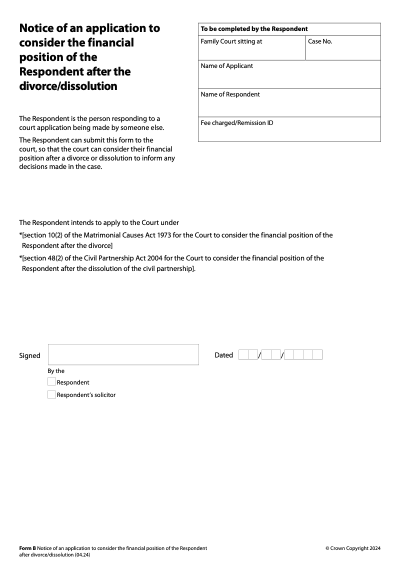 Form B Notice of an application to consider the financial position of the respondent after the divorce dissolution preview