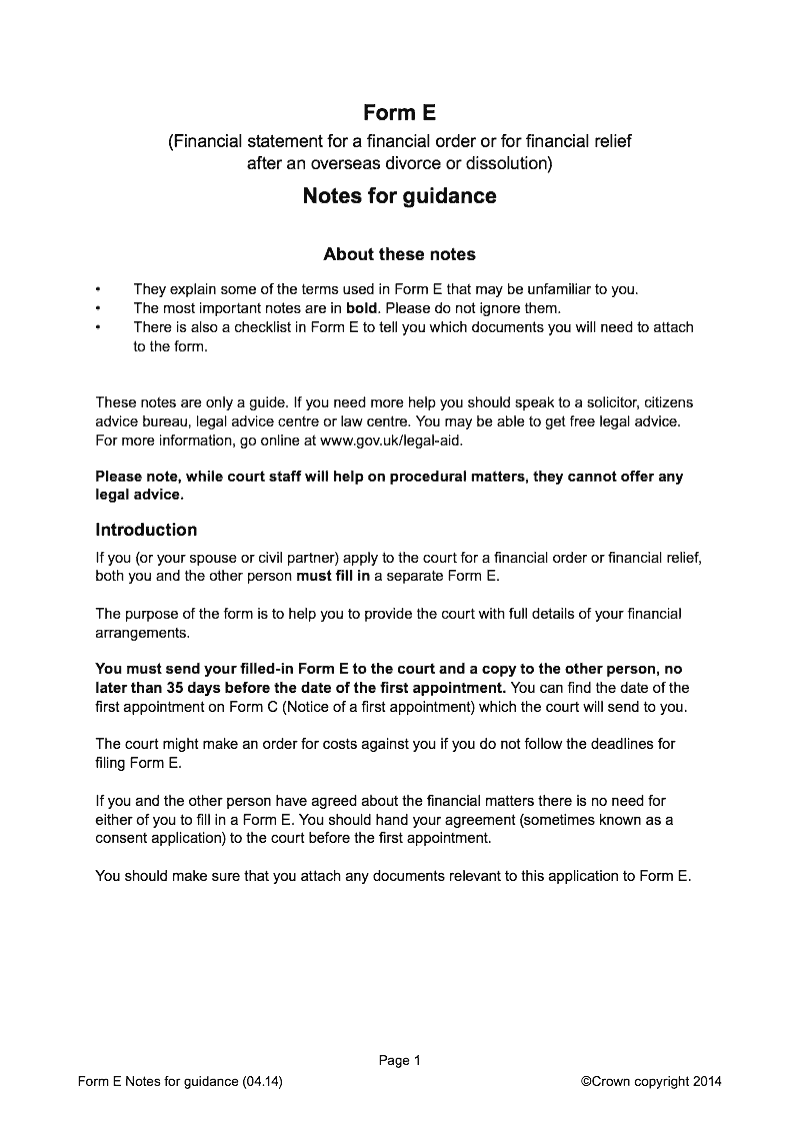 Form E Notes Notes for guidance Financial statement for a financial order or for financial relief after an overseas divorce or dissolution preview