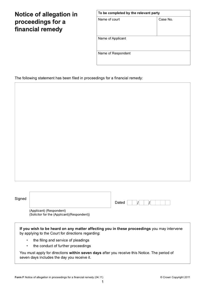 Form F Notice of allegation in proceedings for a financial remedy preview