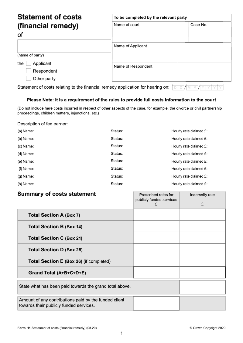 Form H1 Statement of costs financial remedy preview