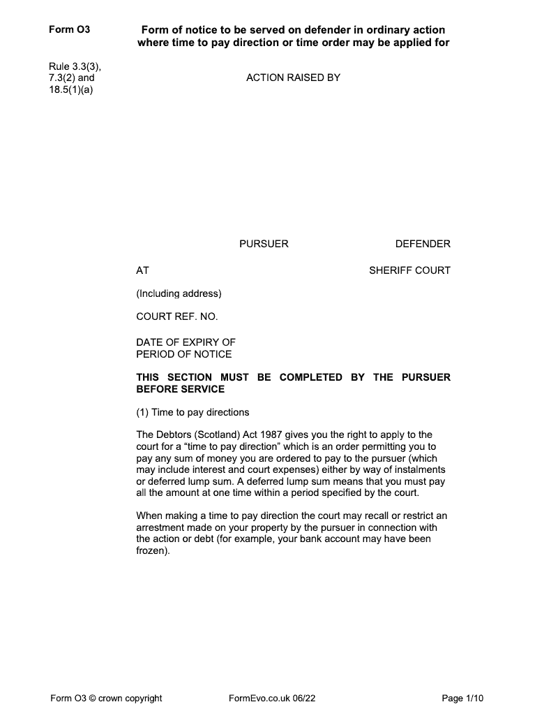 FORM O3 Form of notice to be served on defender in ordinary action where time to pay direction or time order may be applied for preview