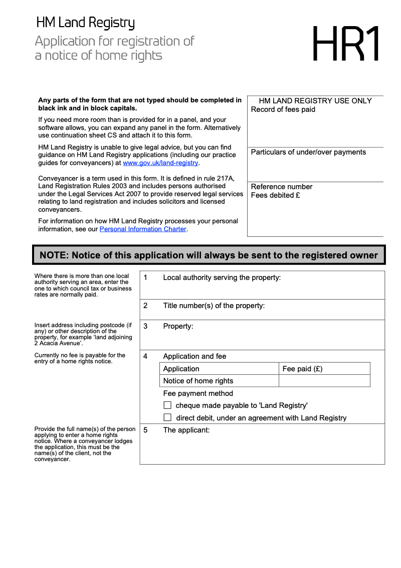 HR1X Application for registration of a notice of home rights Word Version preview