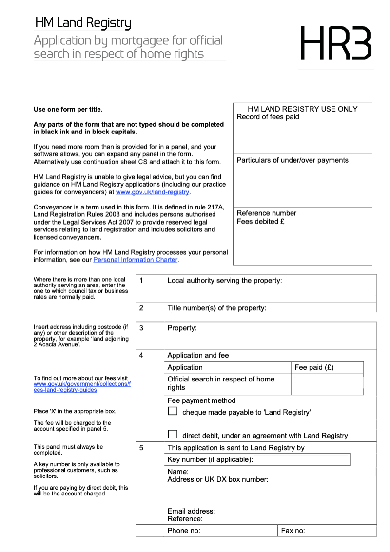 HR3X Application by mortgagee for official search in respect of home rights Word Version preview