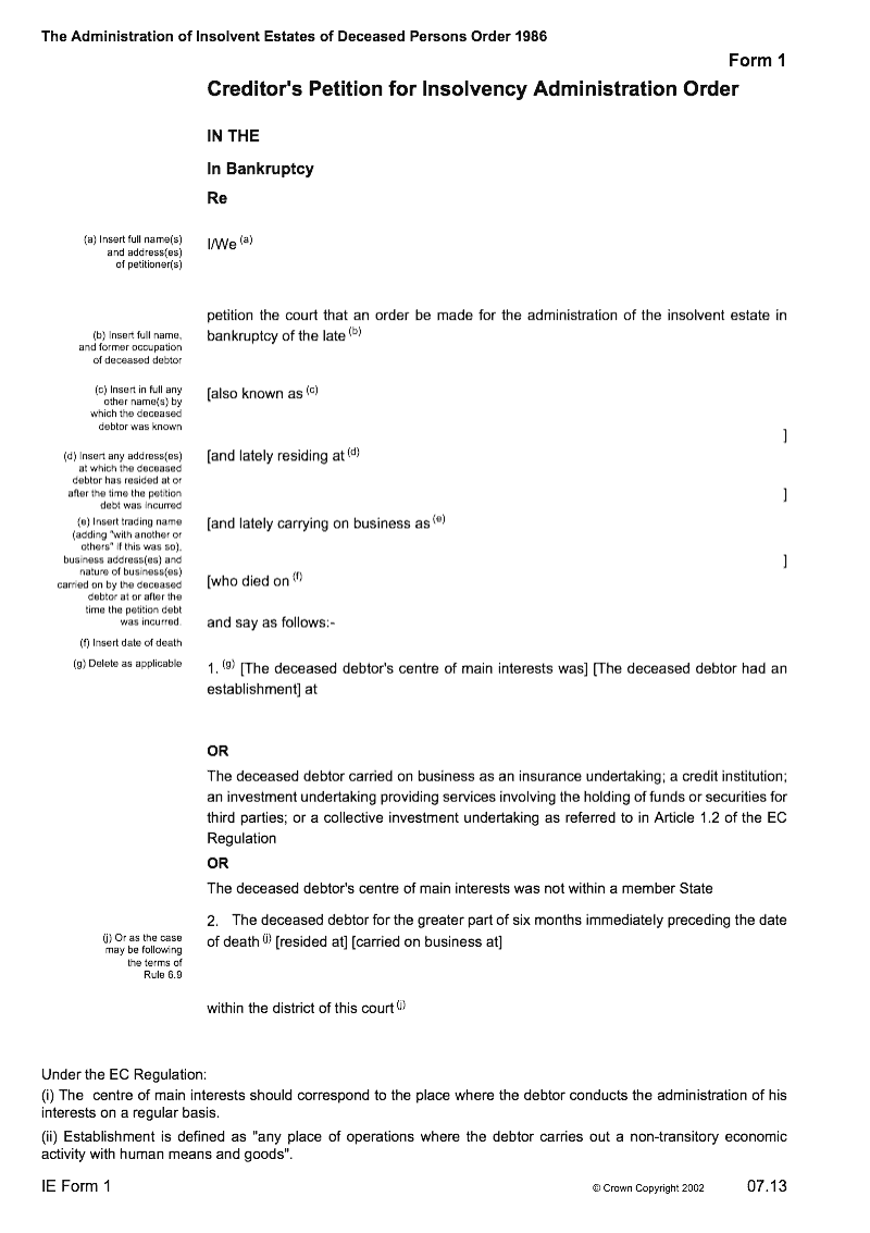 IE Form 1 Creditor s Petition for Insolvency Administration Order The Administration of Insolvent Estates of Deceased Persons Order 1986 Form 1 preview