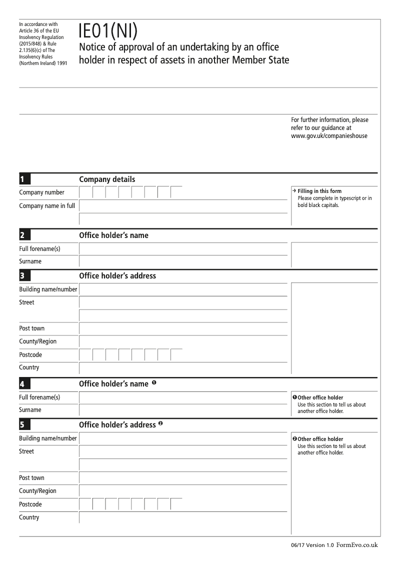 IE01 NI Notice of approval of an undertaking by an office holder in respect of assets in another Member State Rule 2 135 6 c For companies registered in Northern Ireland preview