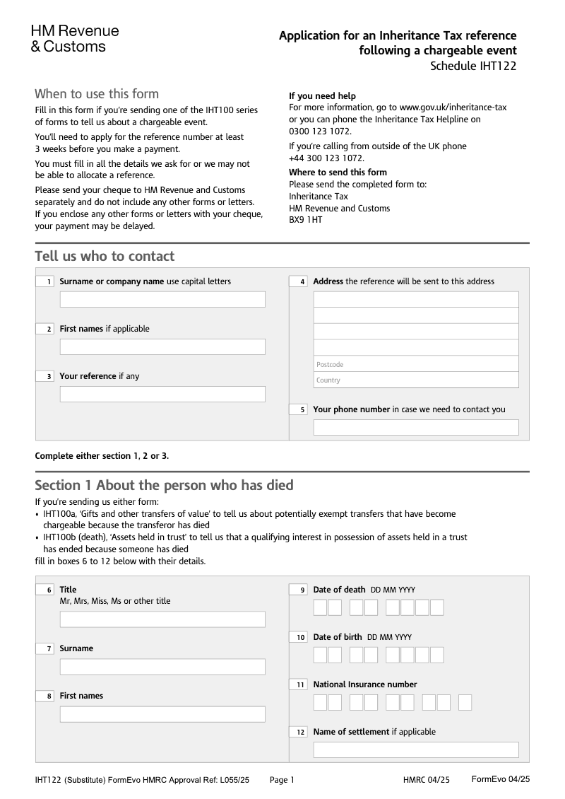 IHT122 Application for an Inheritance Tax reference following a chargeable event Schedule IHT122 preview