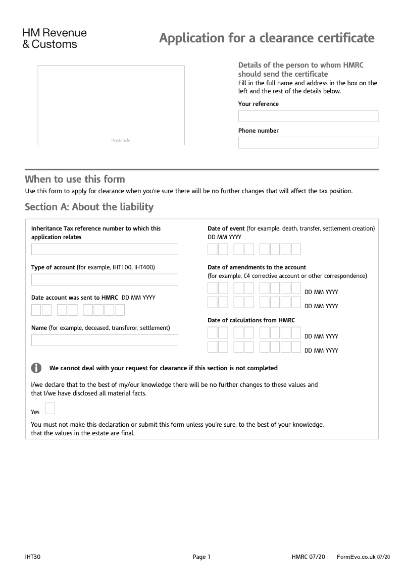 IHT30 Application for a clearance certificate preview
