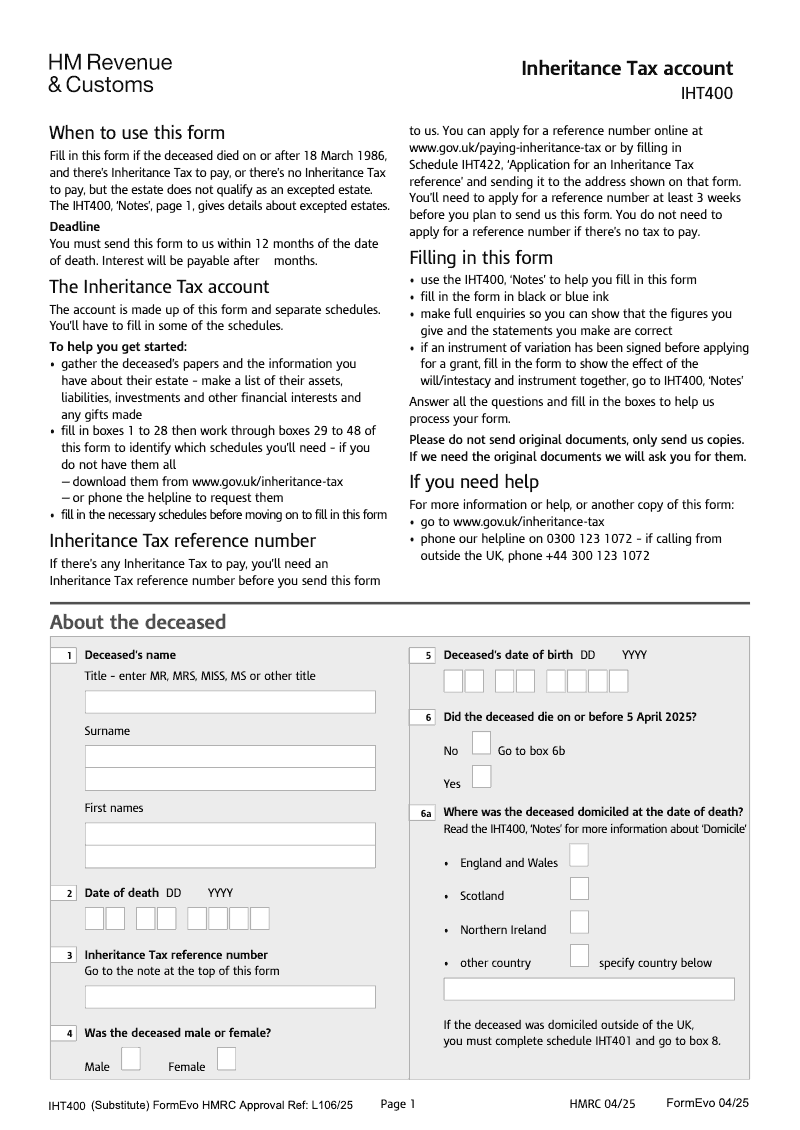IHT400 Inheritance Tax account preview