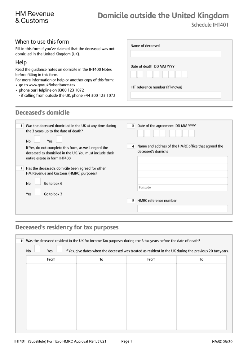 IHT401 Domicile outside the United Kingdom Schedule IHT401 preview