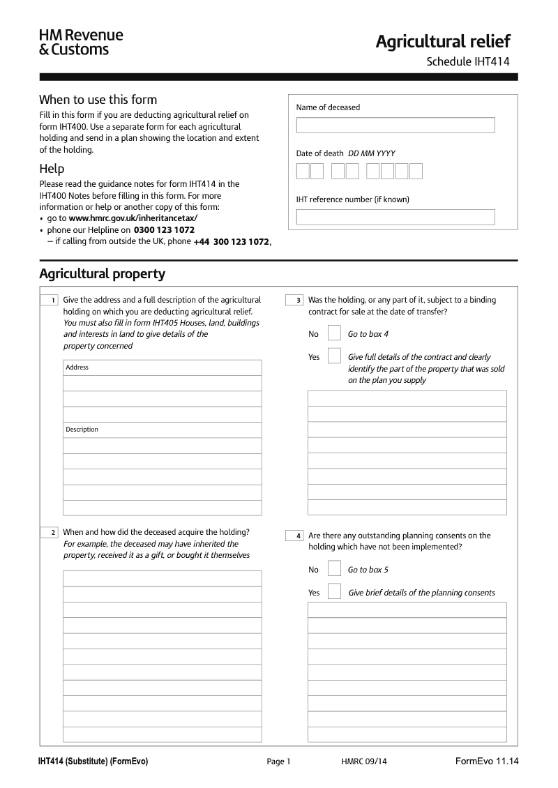 IHT414 Agricultural relief Schedule IHT414 preview