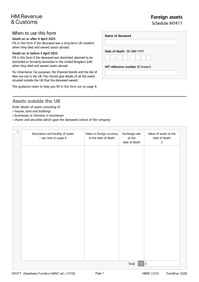 IHT417 Foreign assets Schedule IHT417 preview