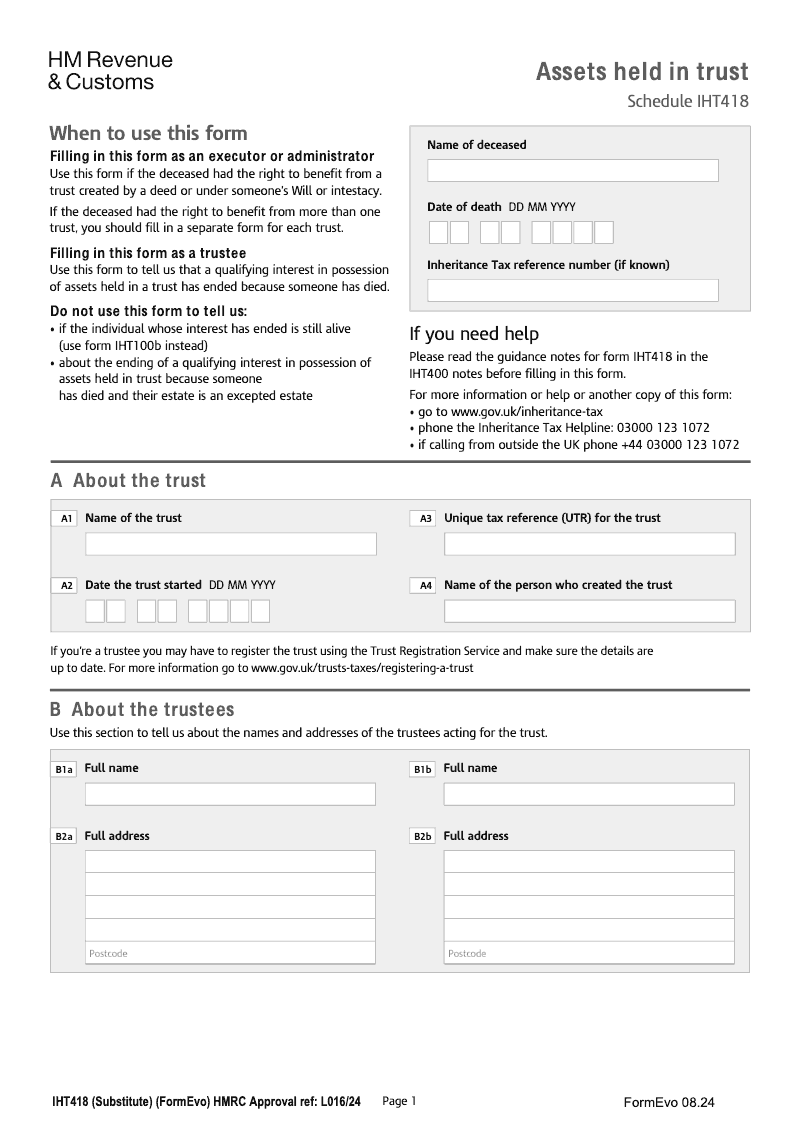 IHT418 Assets held in trust Schedule IHT418 preview