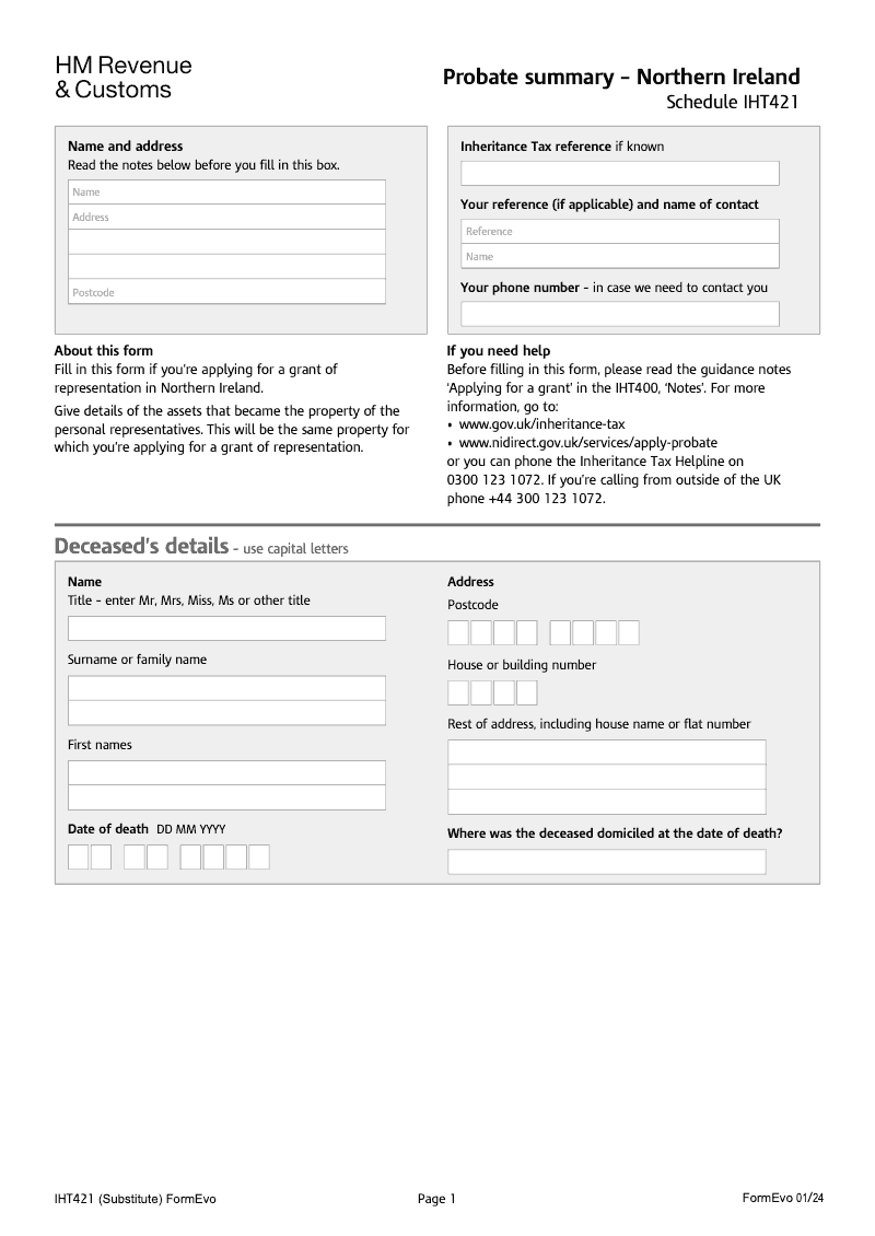 IHT421 Probate summary Schedule IHT421 preview