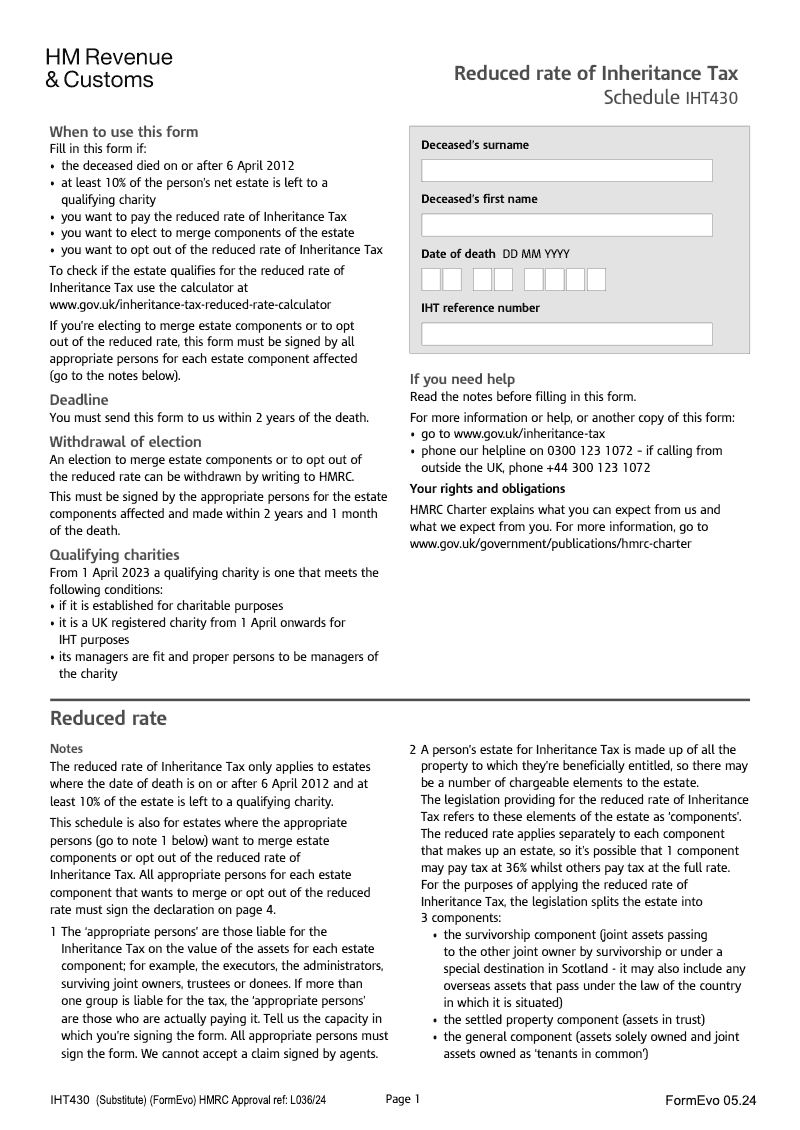 IHT430 Reduced rate of Inheritance Tax Schedule IHT430 preview