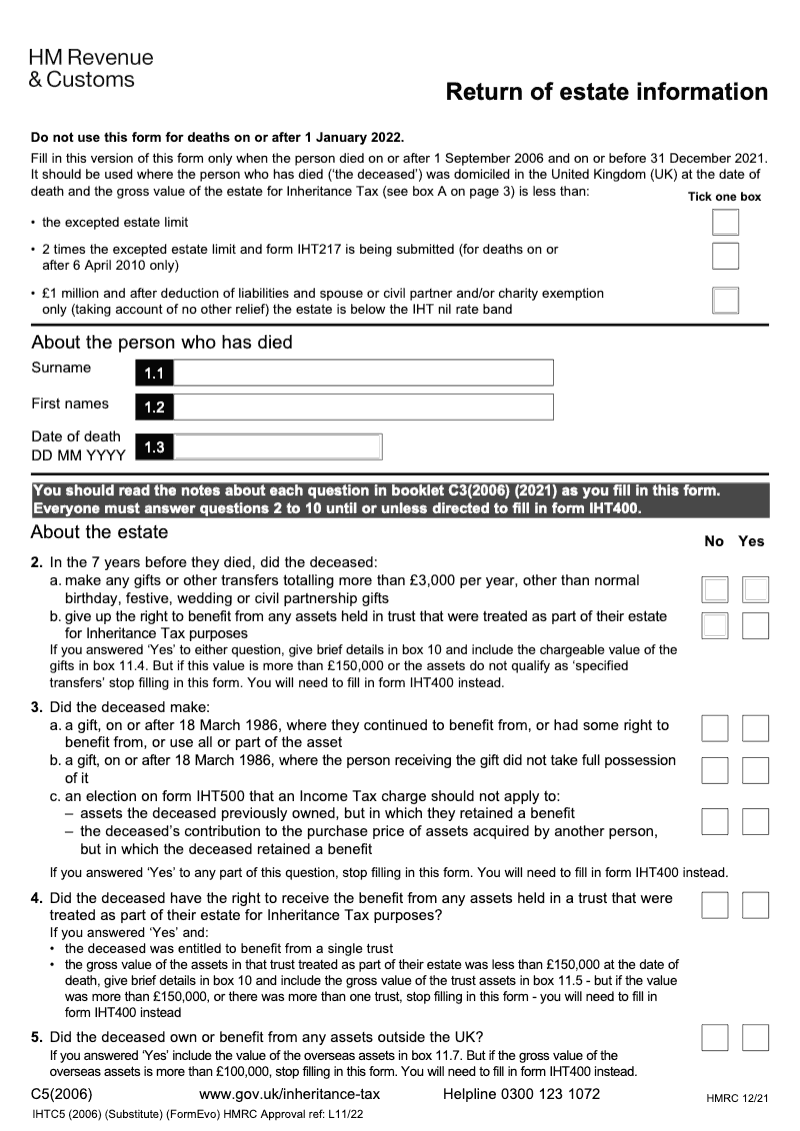 IHTC5 2006 Return of Estate Information where the deceased was domiciled in the United Kingdom and died on or after 1st September 2006 and on or before 31st December 2021 preview