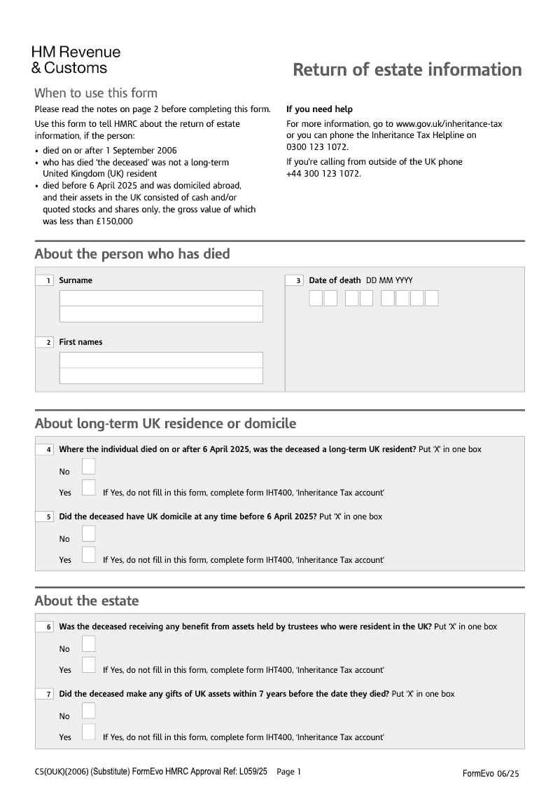 IHTC5 OUK 2006 Return of Estate Information where the deceased was domiciled abroad and the person died on or after 1st September 2006 preview