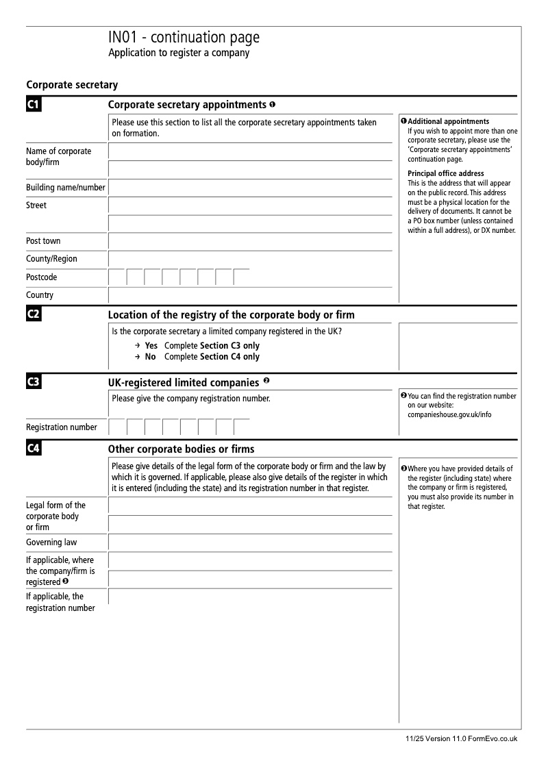 IN01 Continuation Page 2 Section C Corporate secretary appointments continuation page IN01 Application to register a company Section 9 preview