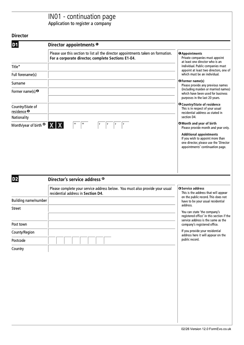 IN01 Continuation Page 3 Section D Director appointments continuation page IN01 Application to register a company Section 9 preview
