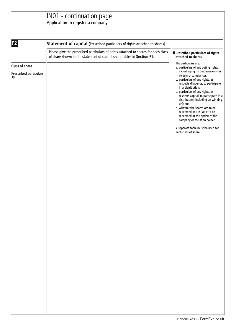 IN01 Continuation Page 6 Section F2 Statement of capital Prescribed particulars of rights attached to shares continuation page IN01 Application to register a company Section 9 preview
