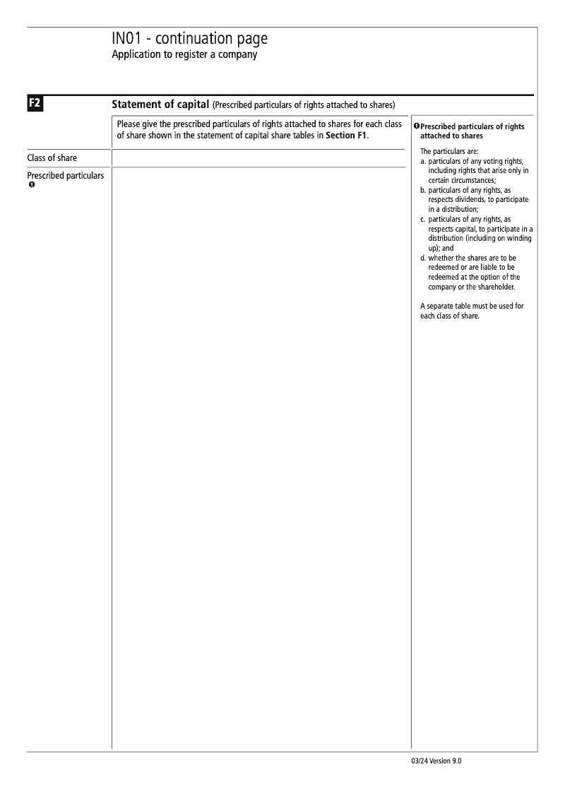 IN01 Continuation Page 6 Section F2 Statement of capital Prescribed particulars of rights attached to shares continuation page IN01 Application to register a company Section 9 preview