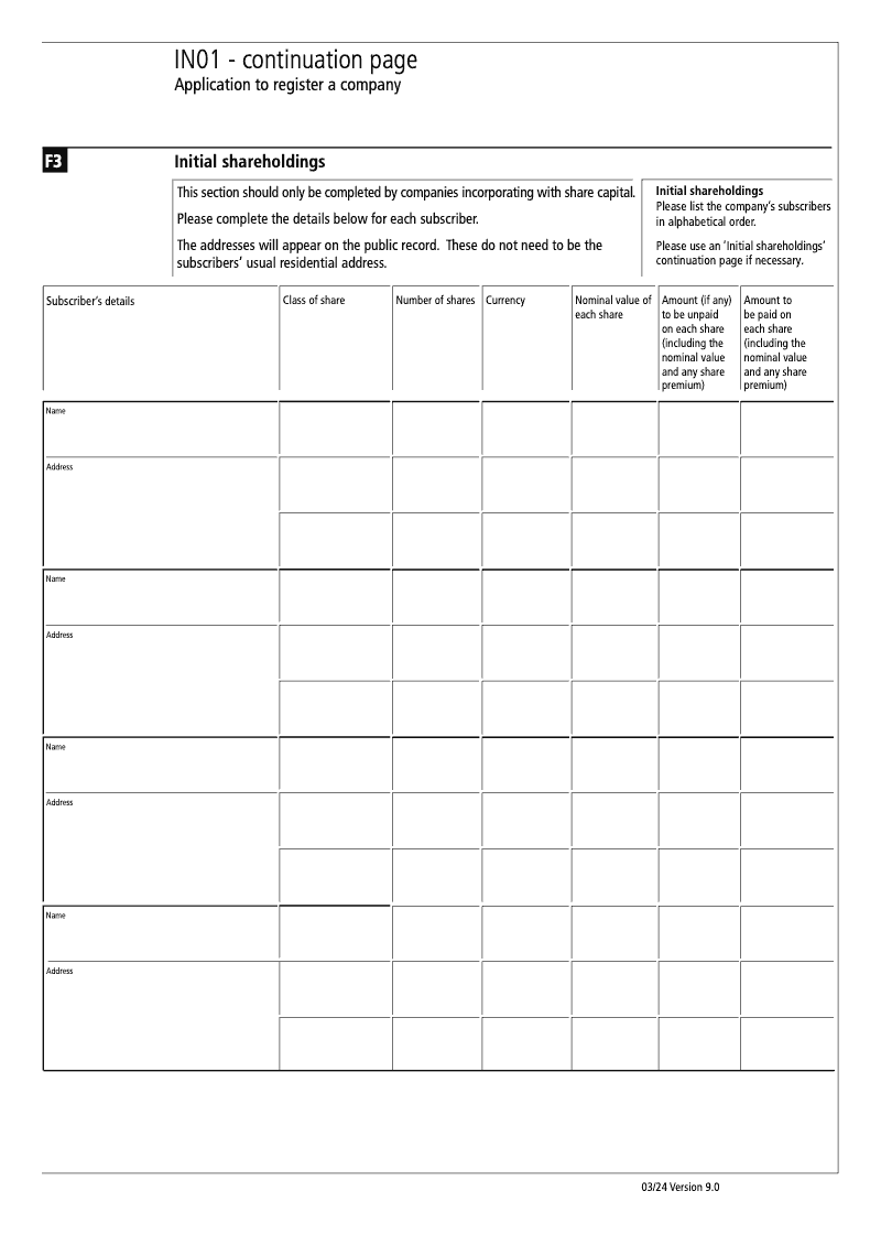 IN01 Continuation Page 7 Section F3 Initial shareholdings continuation page IN01 Application to register a company Section 9 preview