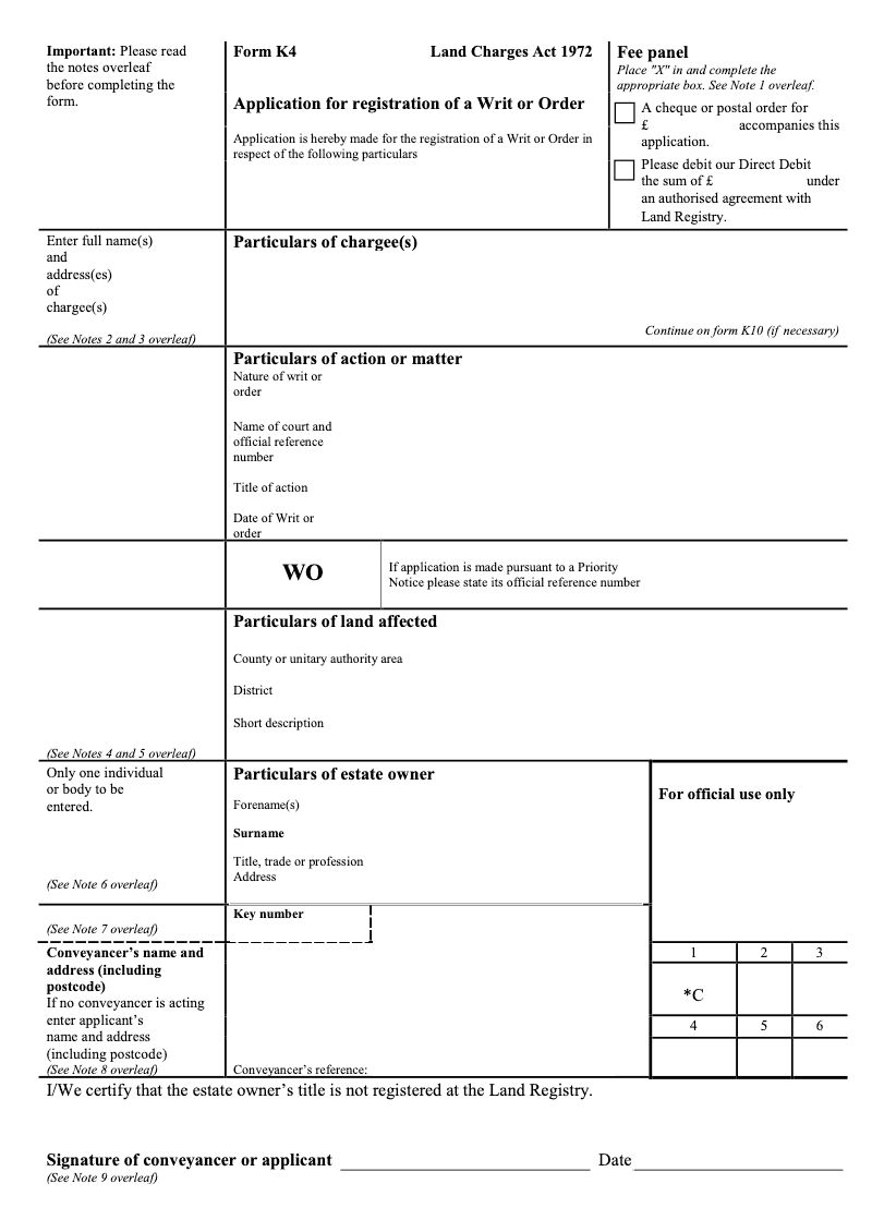 K4 Application for registration of a Writ or Order Land Charges Act 1972 preview